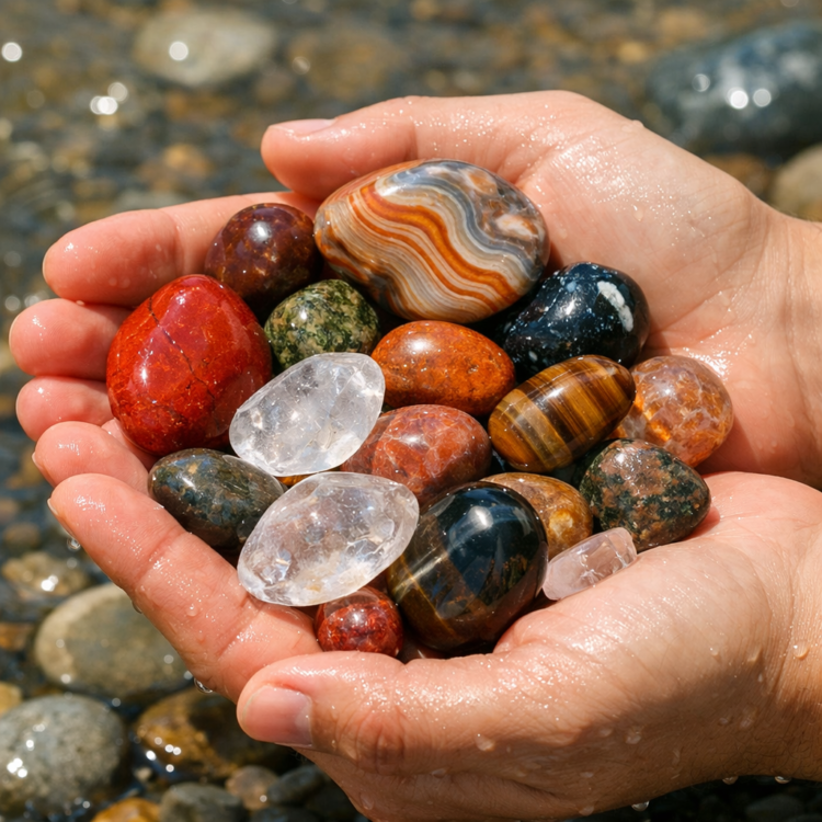 Hands holding colourful river stones found while Peel River fossicking near Tamworth NSW