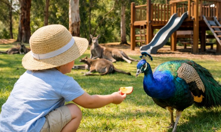 Child hand-feeding peacock at Tamworth Marsupial Park with kangaroos in background