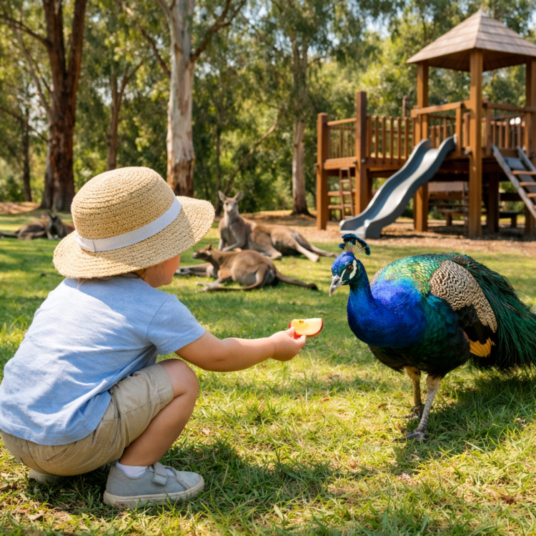 Child hand-feeding peacock at Tamworth Marsupial Park with kangaroos in background
