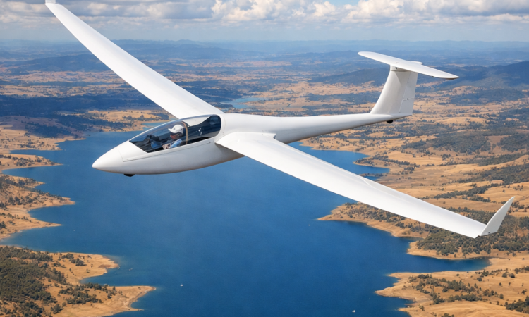 Glider soaring above Lake Keepit near Tamworth with farmland and lake views below