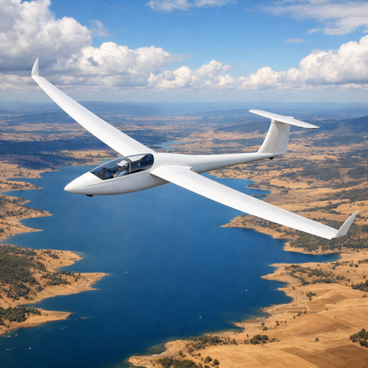 Glider soaring above Lake Keepit near Tamworth with farmland and lake views below