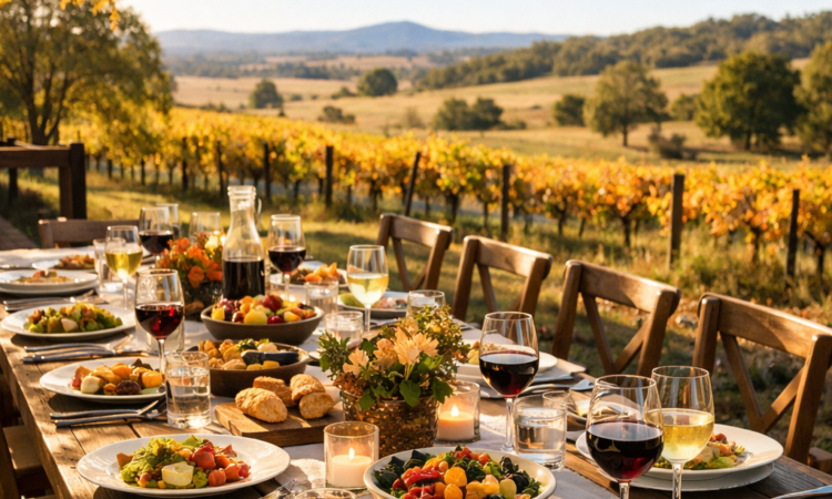Outdoor long lunch table setting at Taste Tamworth Festival with regional wines and food