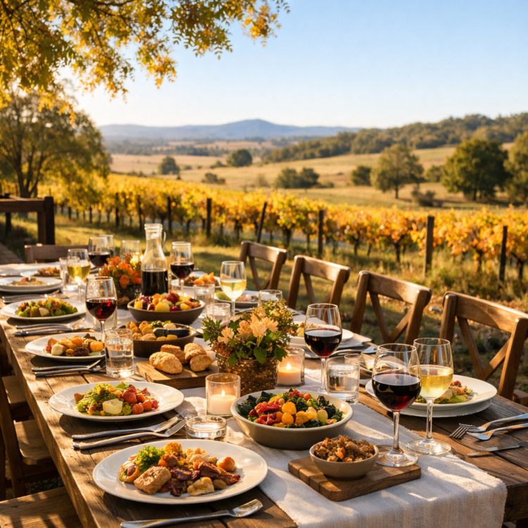 Outdoor long lunch table setting at Taste Tamworth Festival with regional wines and food