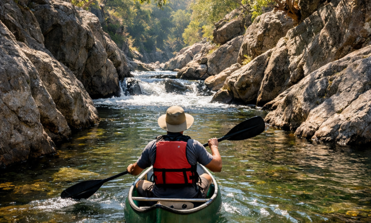 Canoeing Warrabah National Park through granite gorge on the Namoi River