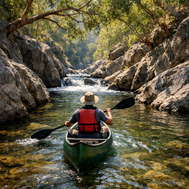 Canoeing Warrabah National Park through granite gorge on the Namoi River