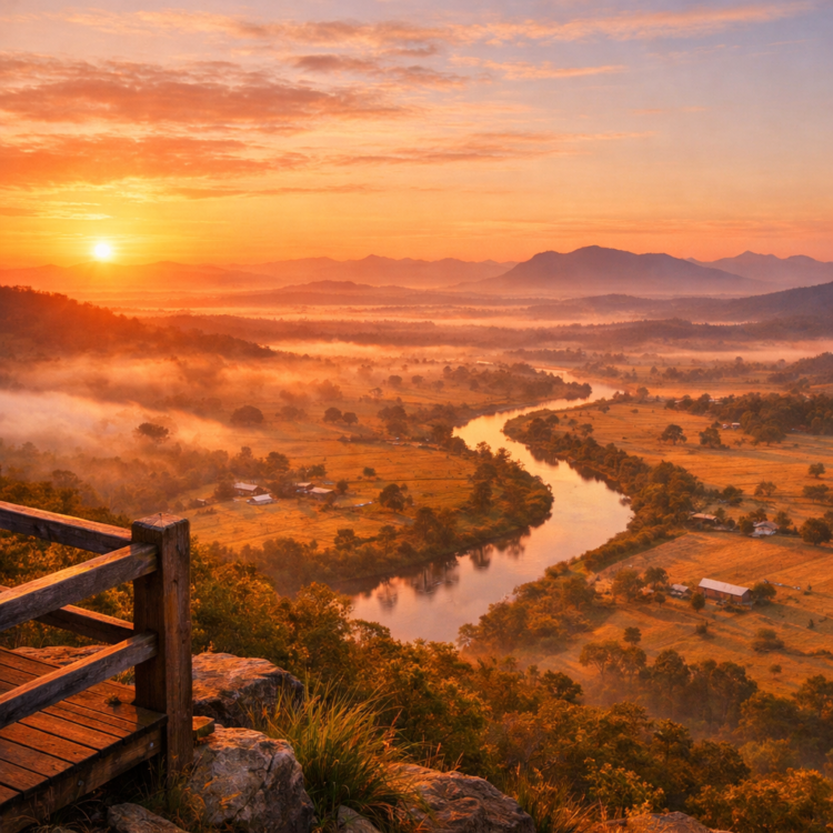 Sunrise view over Peel River Valley from Oxley Lookout in Tamworth NSW