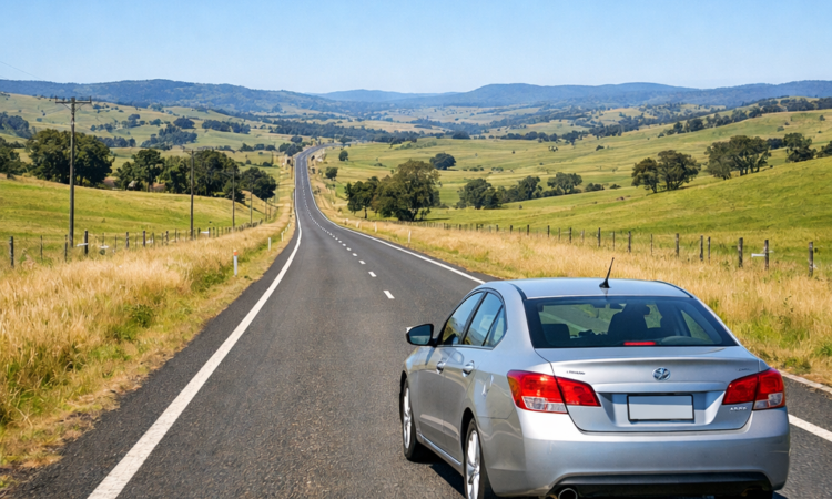 Car driving along the New England Highway toward Tamworth through green countryside