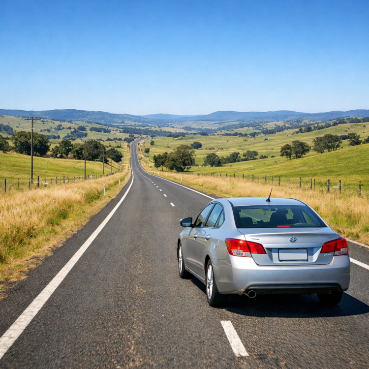Car driving along the New England Highway toward Tamworth through green countryside