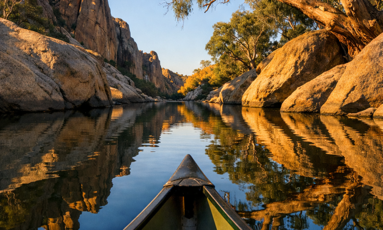Canoe paddling between granite boulders on the Namoi River at Warrabah National Park