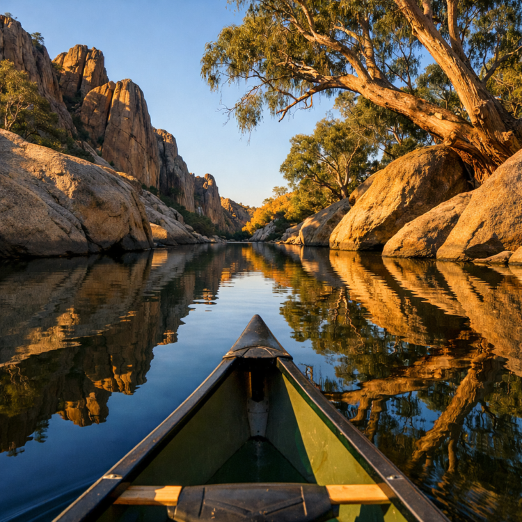 Canoe paddling between granite boulders on the Namoi River at Warrabah National Park