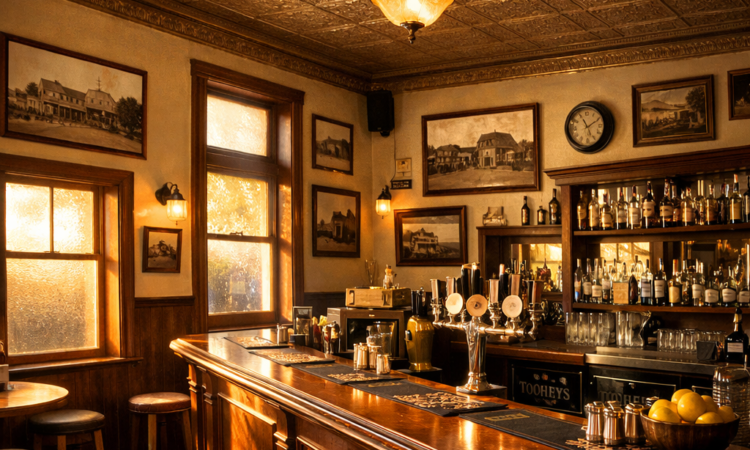 Historic country pub interior near Tamworth regional gallery with timber bar and vintage photographs