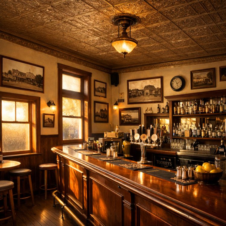 Historic country pub interior near Tamworth regional gallery with timber bar and vintage photographs
