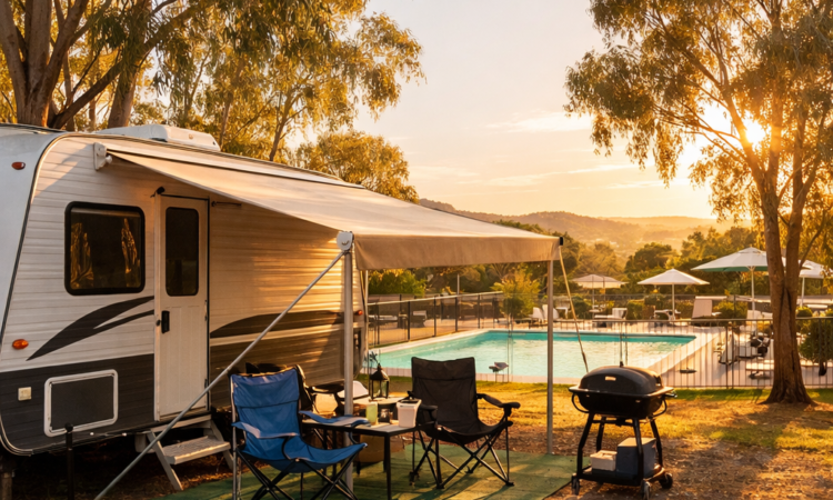 Caravan at holiday park near Big Golden Guitar Tamworth with pool and shade trees