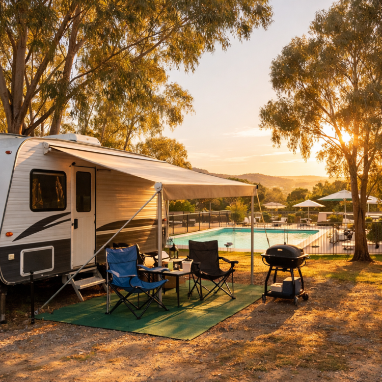 Caravan at holiday park near Big Golden Guitar Tamworth with pool and shade trees