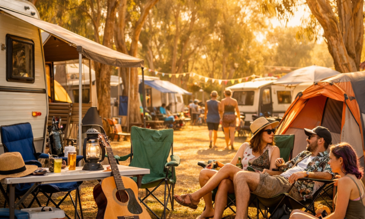 Caravan park during Tamworth Country Music Festival with tents and caravans