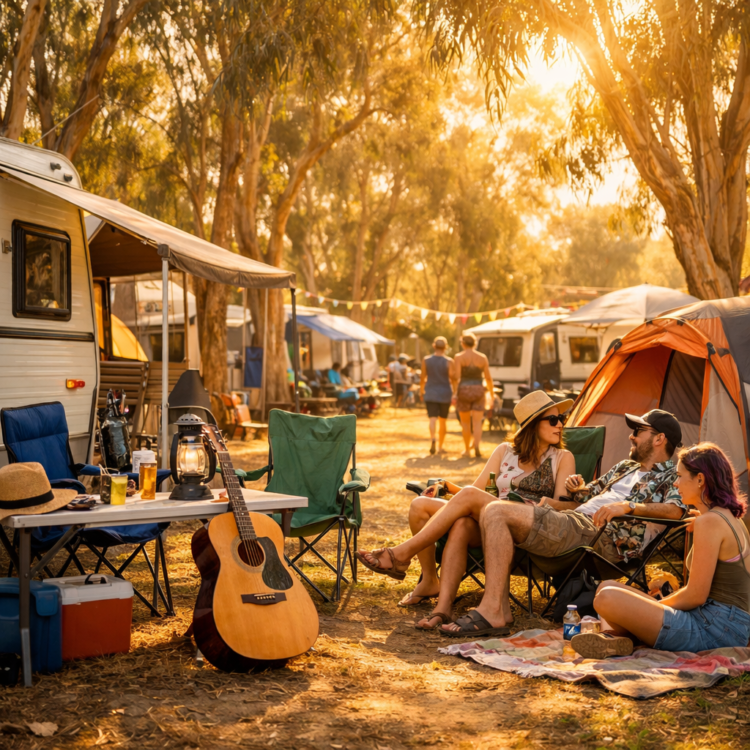 Caravan park during Tamworth Country Music Festival with tents and caravans