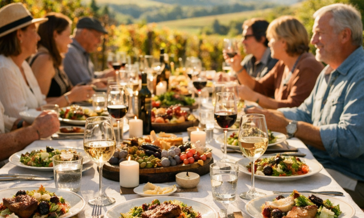 Outdoor long lunch table at Taste Tamworth Festival in April with wine and regional food