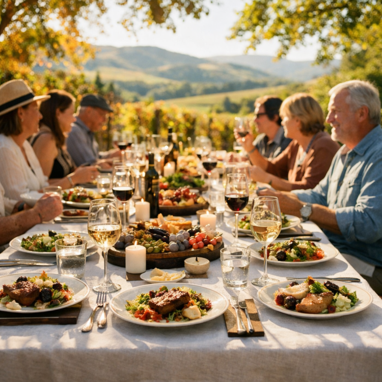 Outdoor long lunch table at Taste Tamworth Festival in April with wine and regional food