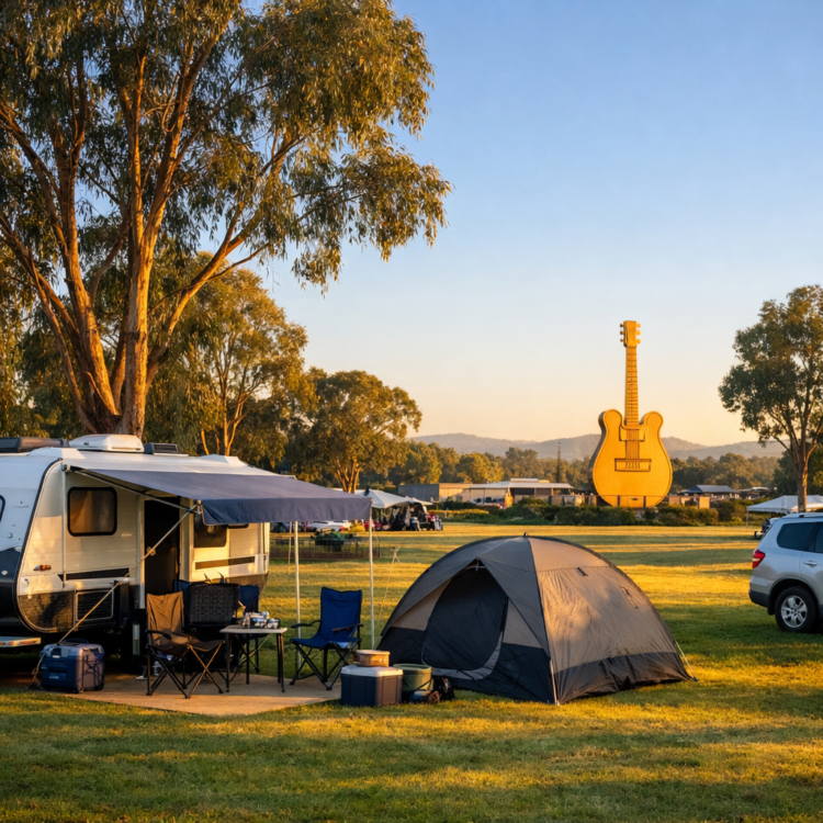 Caravan at holiday park near Big Golden Guitar Tamworth with iconic landmark visible in distance