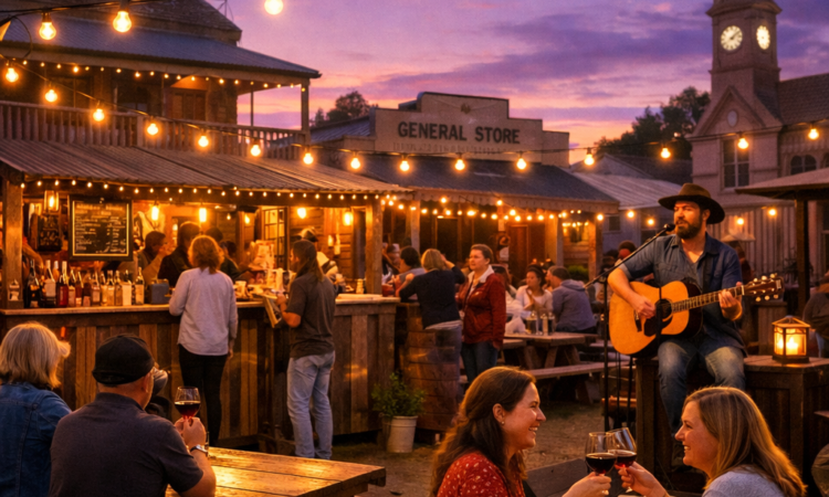 Outdoor pop-up bar at Taste Tamworth Festival with string lights and people enjoying drinks