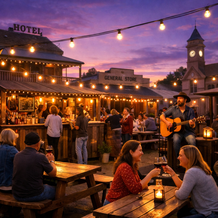 Outdoor pop-up bar at Taste Tamworth Festival with string lights and people enjoying drinks