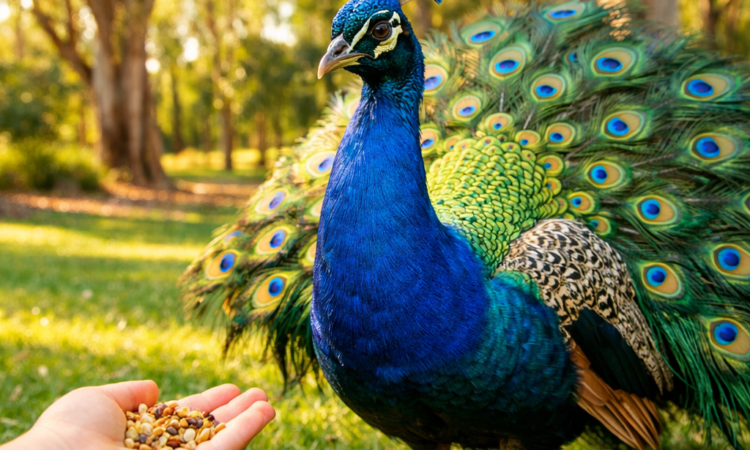 Peacock being hand-fed at Tamworth Marsupial Park with eucalyptus trees in background