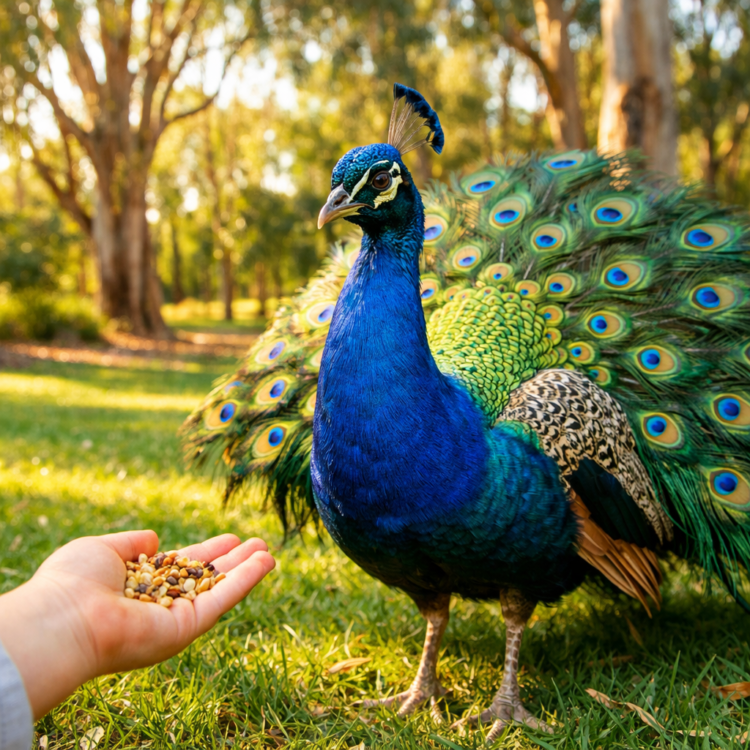Peacock being hand-fed at Tamworth Marsupial Park with eucalyptus trees in background