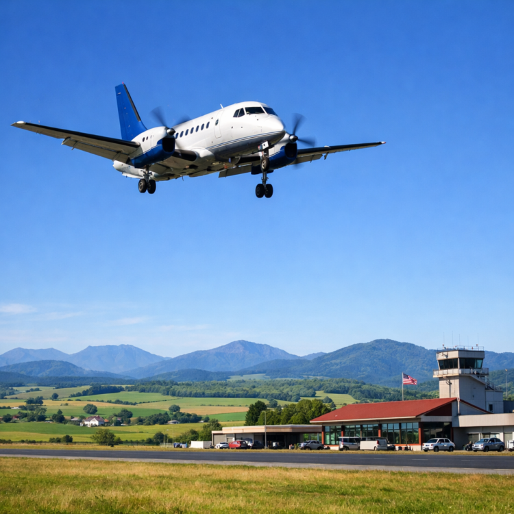 Regional aircraft approaching Tamworth airport over New England farmland
