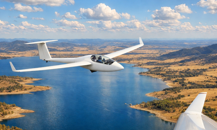 Glider soaring above Lake Keepit near Tamworth with farmland and water below