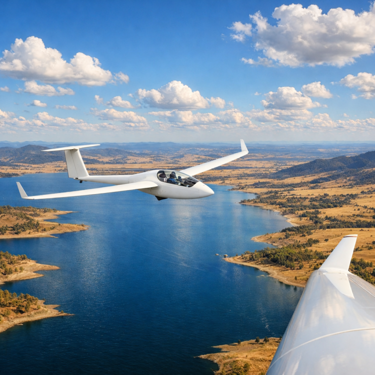 Glider soaring above Lake Keepit near Tamworth with farmland and water below