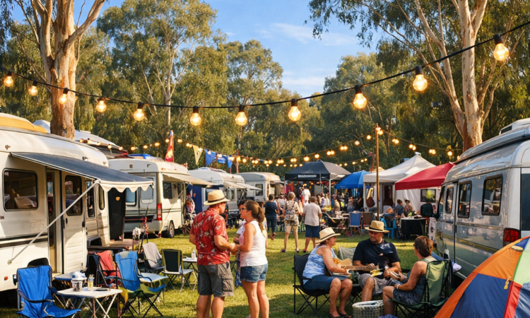 Caravan park during Tamworth Country Music Festival with caravans and tents set up for festival accommodation
