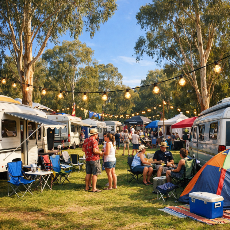 Caravan park during Tamworth Country Music Festival with caravans and tents set up for festival accommodation