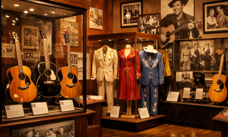 Australian Country Music Hall of Fame exhibit displays with guitars and memorabilia in Tamworth