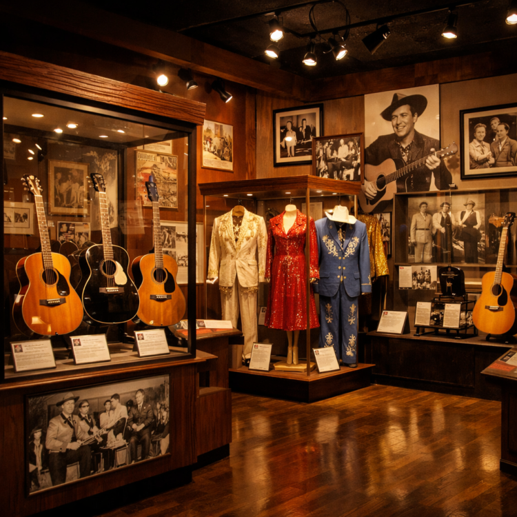 Australian Country Music Hall of Fame exhibit displays with guitars and memorabilia in Tamworth