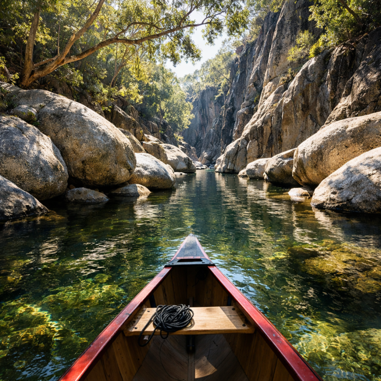 Canoe paddling through granite gorge on Namoi River in Warrabah National Park, New England NSW