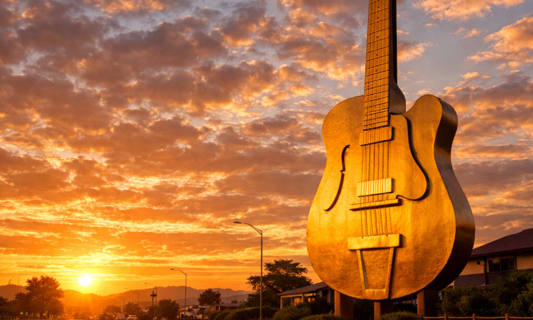 Big Golden Guitar monument at sunrise in Tamworth with warm dawn light and empty surroundings
