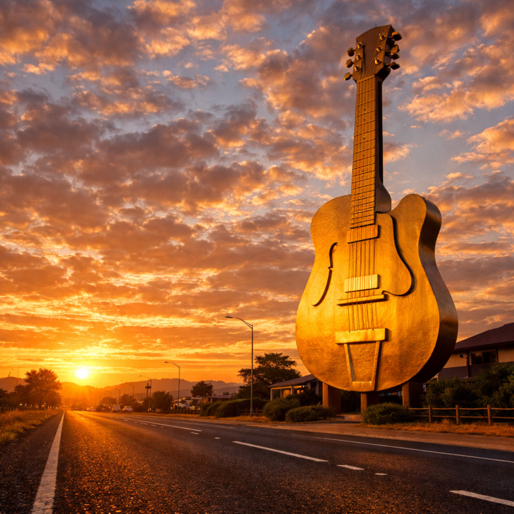 Big Golden Guitar monument at sunrise in Tamworth with warm dawn light and empty surroundings
