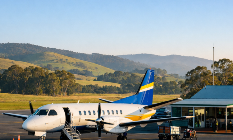 Regional aircraft at Tamworth airport with country landscape in background