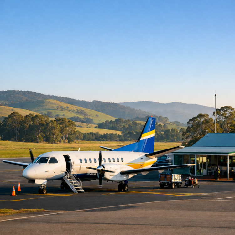 Regional aircraft at Tamworth airport with country landscape in background