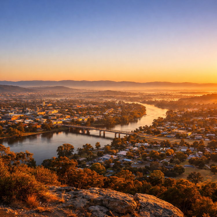 Golden sunrise view over Tamworth and Peel River Valley from Oxley Lookout at dawn