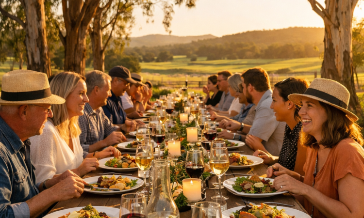 Outdoor long lunch table at Taste Tamworth Festival with gourmet food and vineyard views