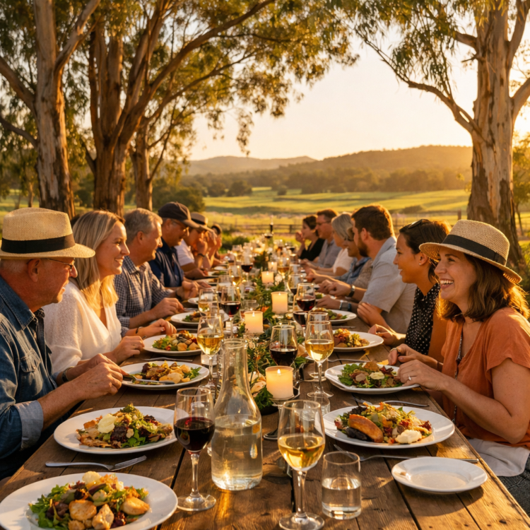 Outdoor long lunch table at Taste Tamworth Festival with gourmet food and vineyard views