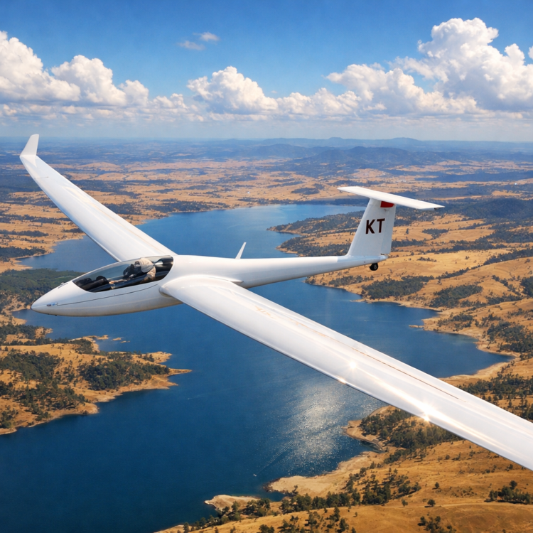 Glider soaring above Lake Keepit near Tamworth with reservoir and farmland below