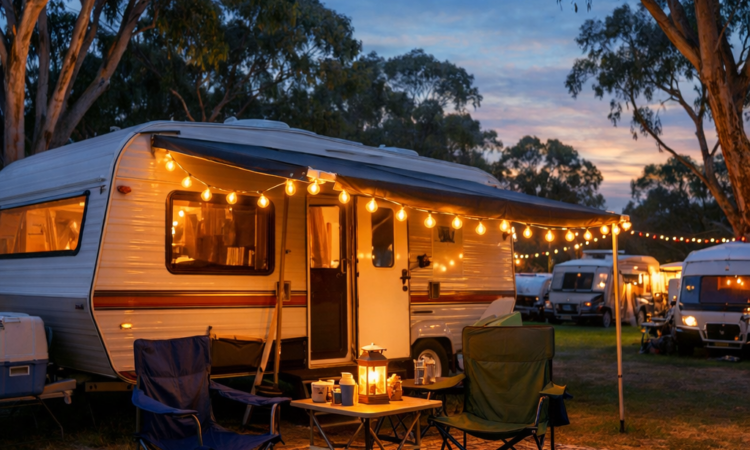 Caravan at Tamworth holiday park during Country Music Festival with festival-goers relaxing