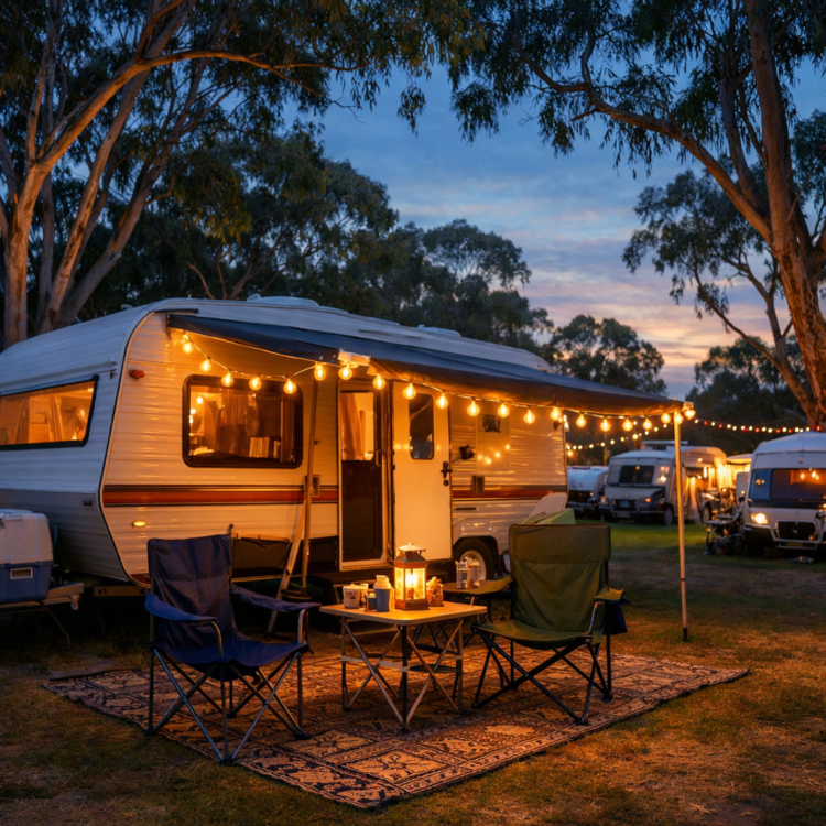 Caravan at Tamworth holiday park during Country Music Festival with festival-goers relaxing