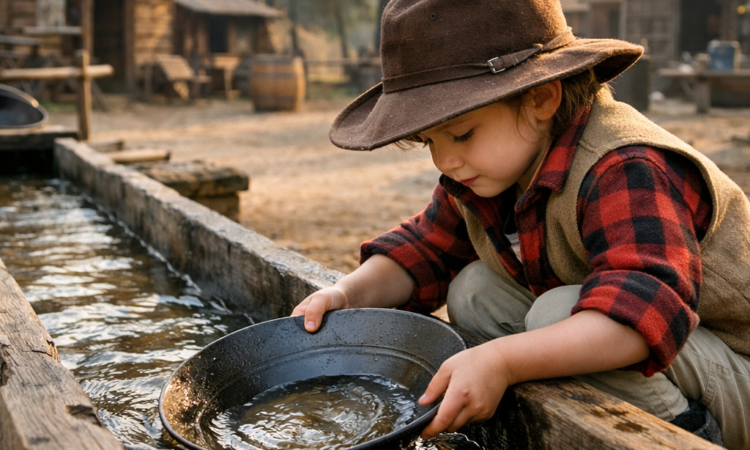 Child gold panning at Timbertown Wauchope pioneer village attraction near Port Macquarie