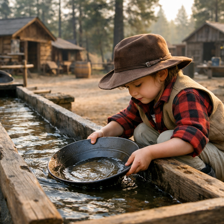 Child gold panning at Timbertown Wauchope pioneer village attraction near Port Macquarie