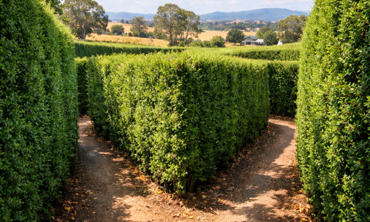 Pathways inside the Bago Maze near Port Macquarie, showing tall hedge walls and dirt trails