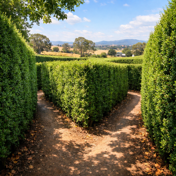 Pathways inside the Bago Maze near Port Macquarie, showing tall hedge walls and dirt trails