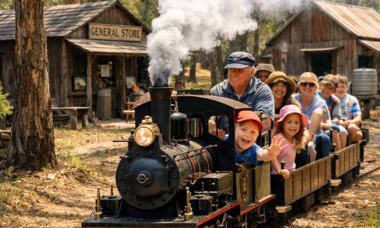 Miniature steam train ride at Timbertown Wauchope pioneer village near Port Macquarie